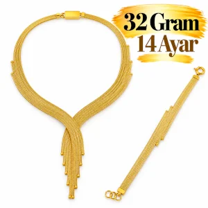 Kalze Zincirli  Altın İkili Takı Seti 14 AYAR | Gram aralığı: 31,90 - 32,10 g
