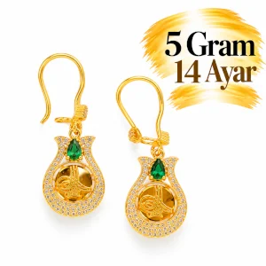 Tuğralı Lale Motifli Sallantılı Altın Küpe| Gram aralığı: 4,70 - 5,10 g